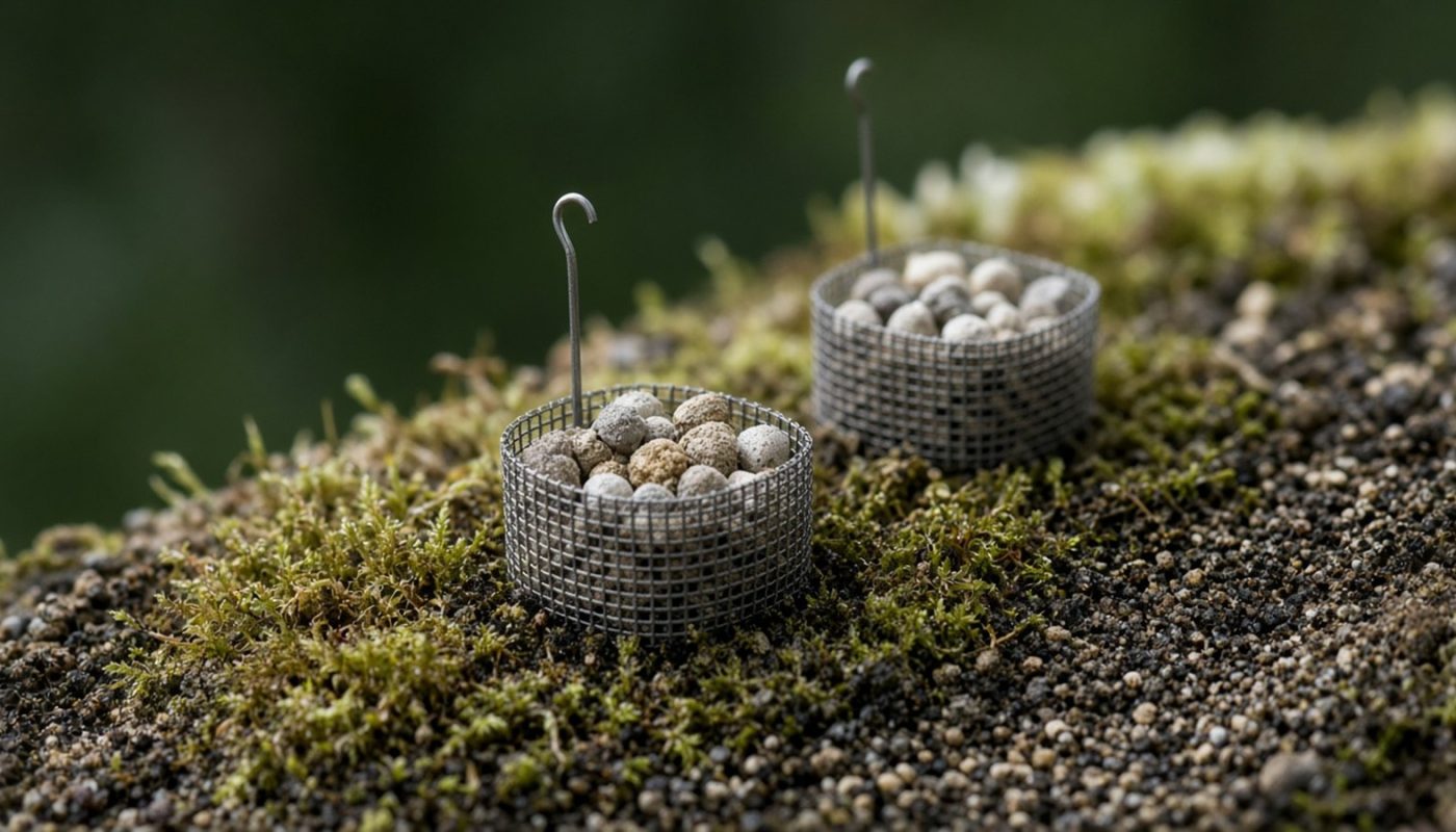 Cestinhas de tela com pastilhas de adubo de liberação lenta fixadas sobre o musgo do vaso de bonsai