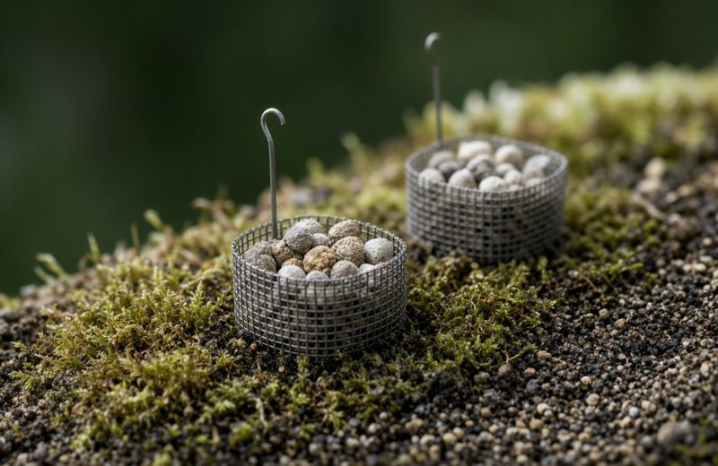 Cestinhas de tela com pastilhas de adubo de liberação lenta fixadas sobre o musgo do vaso de bonsai