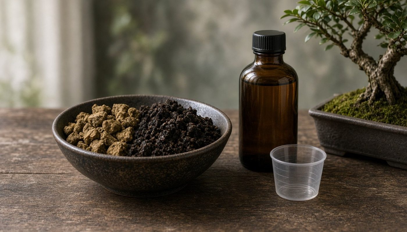 Tigela com torta orgânica e húmus ao lado de frasco de adubo mineral líquido e copo medidor
