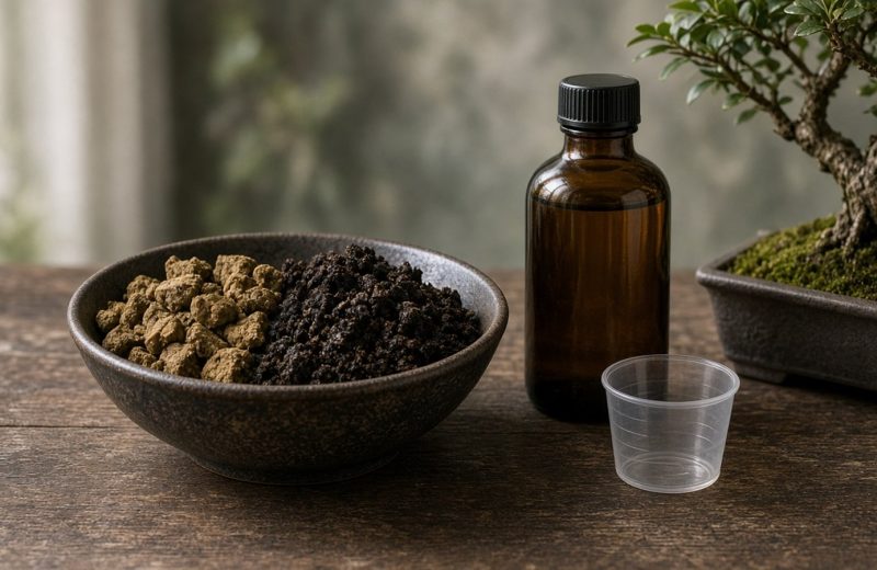 Tigela com torta orgânica e húmus ao lado de frasco de adubo mineral líquido e copo medidor