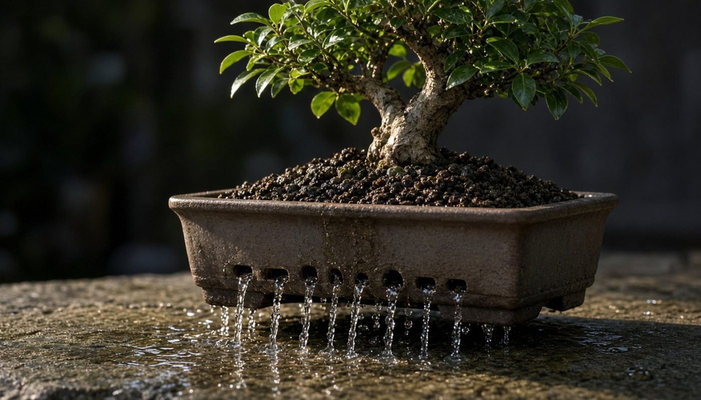 Água escorrendo pelos furos de drenagem de um vaso de bonsai logo após a rega