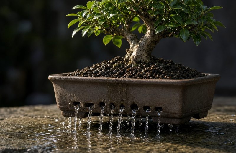 Água escorrendo pelos furos de drenagem de um vaso de bonsai logo após a rega
