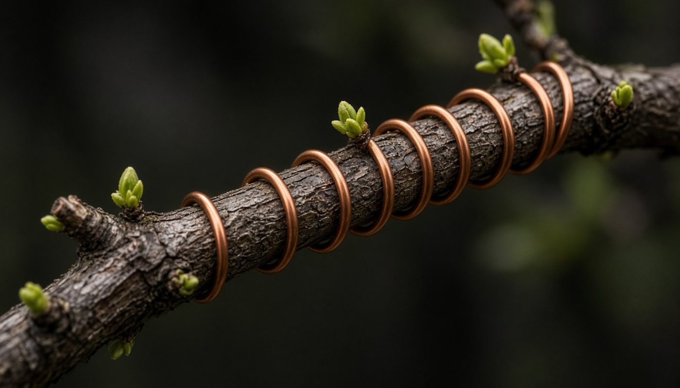 Arame de cobre enrolado em ângulo regular sobre um galho de bonsai com pequenas gemas verdes
