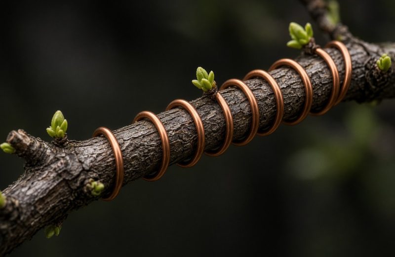Arame de cobre enrolado em ângulo regular sobre um galho de bonsai com pequenas gemas verdes