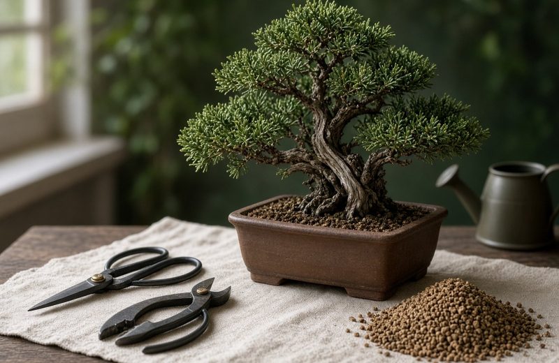 Bonsai sendo cuidado sobre bancada de trabalho