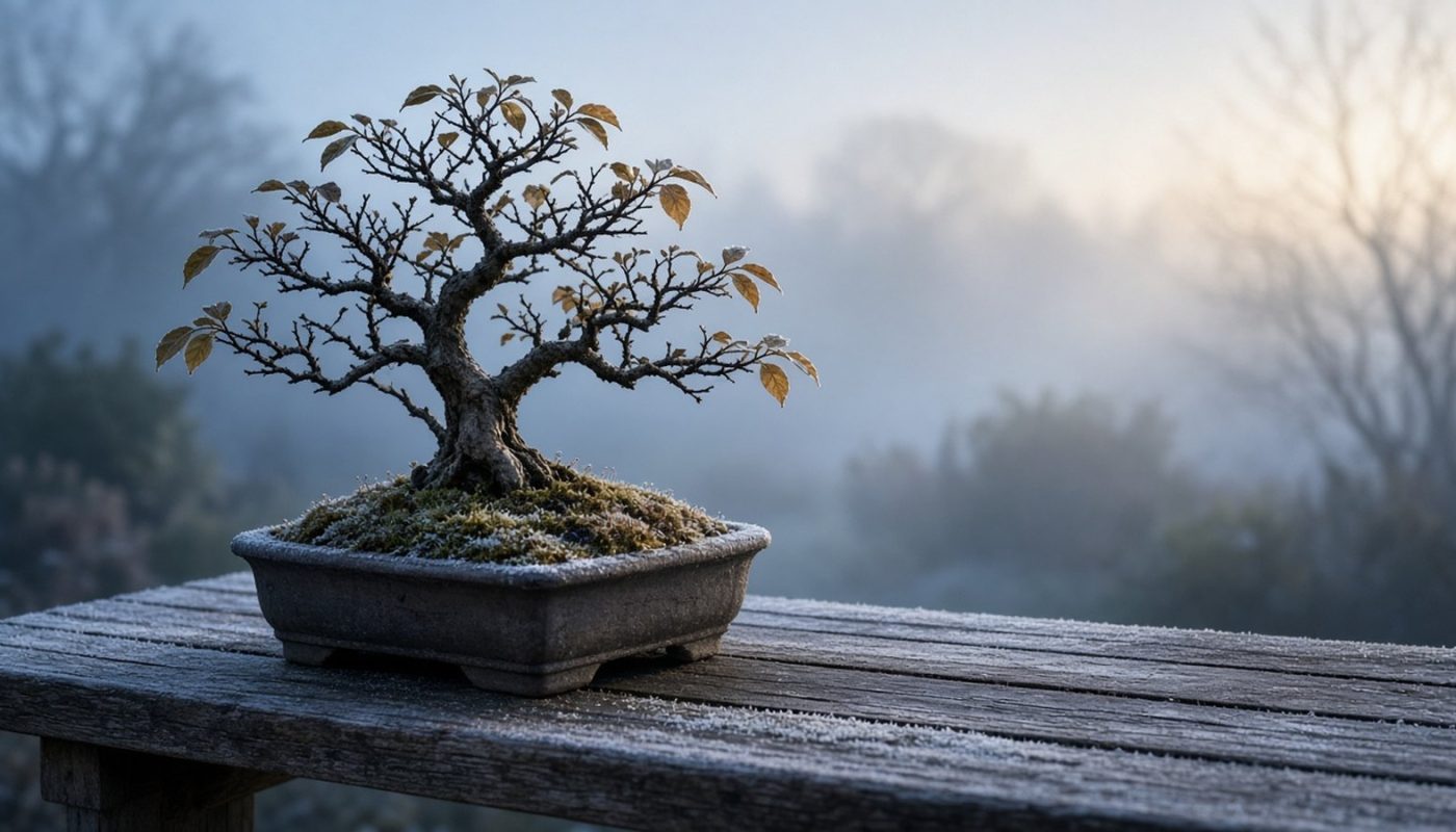 Bonsai sobre banco de madeira coberto por geada leve em manhã fria de inverno