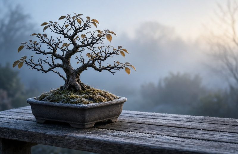Bonsai sobre banco de madeira coberto por geada leve em manhã fria de inverno