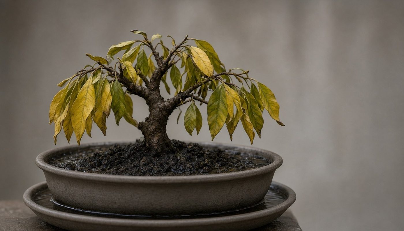 Bonsai com folhas amareladas e caídas em vaso apoiado em prato com água acumulada