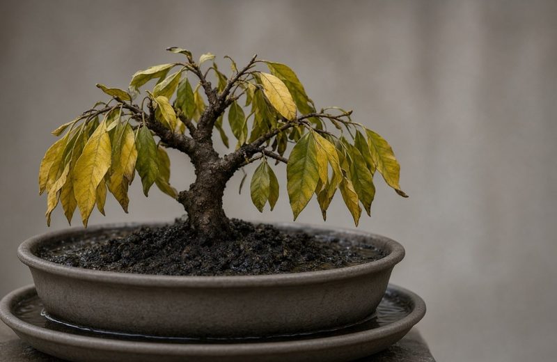 Bonsai com folhas amareladas e caídas em vaso apoiado em prato com água acumulada