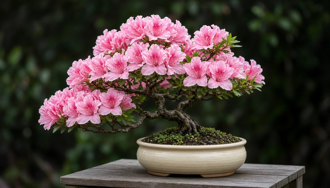 Bonsai de azaleia coberto de flores rosadas em vaso esmaltado claro sobre banco de madeira