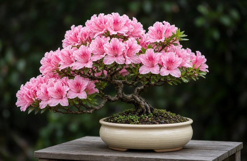 Bonsai de azaleia coberto de flores rosadas em vaso esmaltado claro sobre banco de madeira
