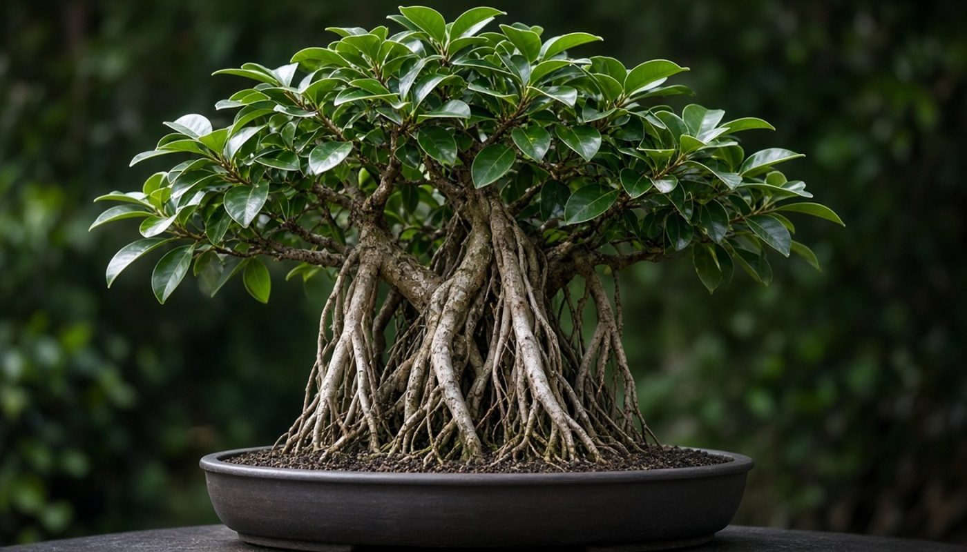 Bonsai de ficus com raízes aéreas descendo dos galhos até o vaso raso e folhas verdes brilhantes
