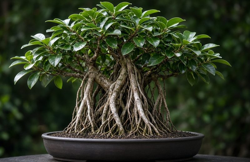 Bonsai de ficus com raízes aéreas descendo dos galhos até o vaso raso e folhas verdes brilhantes