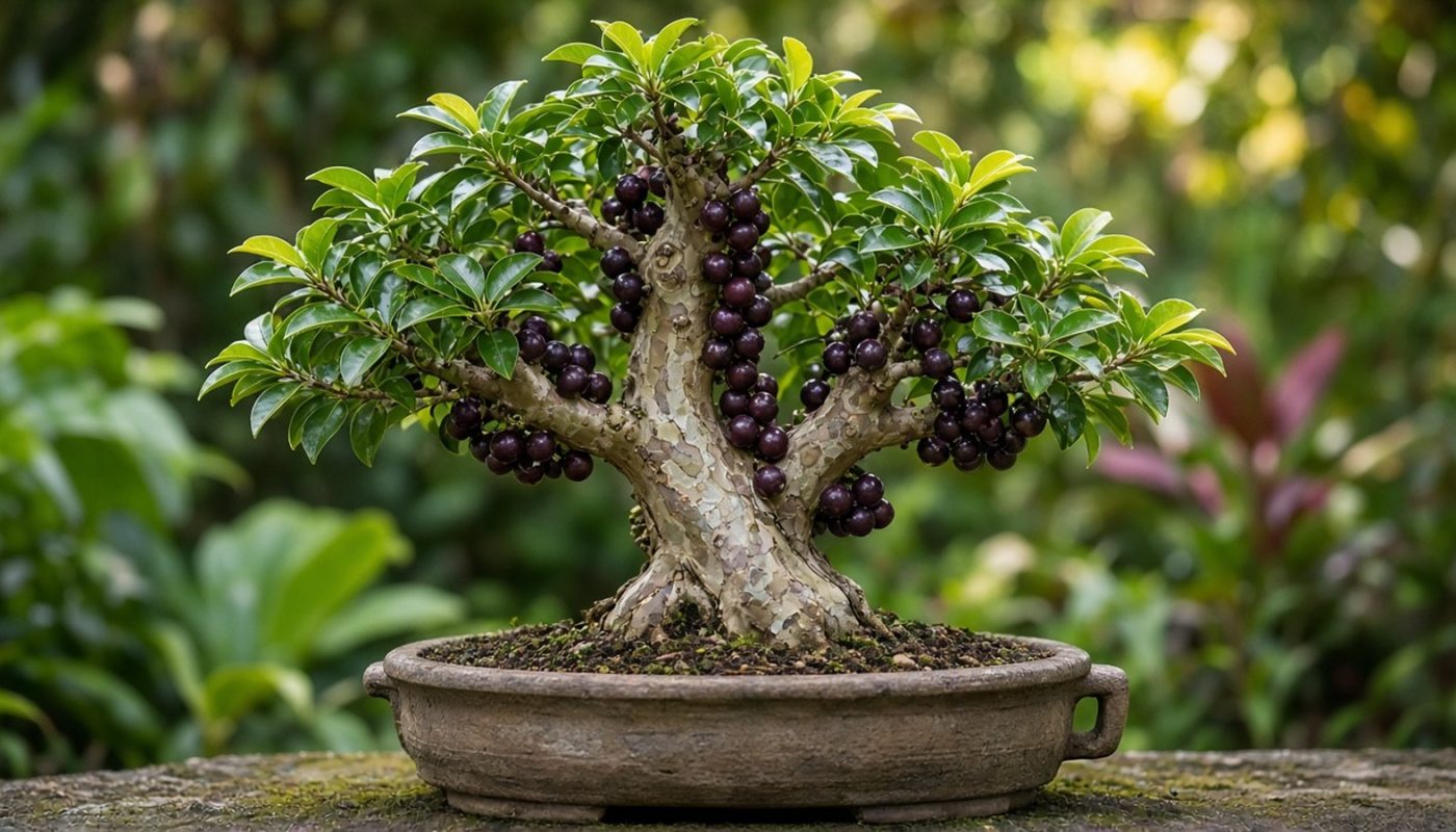 Bonsai de jabuticabeira com casca clara descamando e frutos escuros nascendo diretamente no tronco