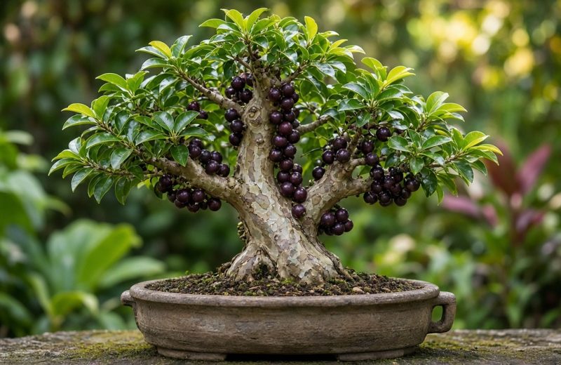 Bonsai de jabuticabeira com casca clara descamando e frutos escuros nascendo diretamente no tronco
