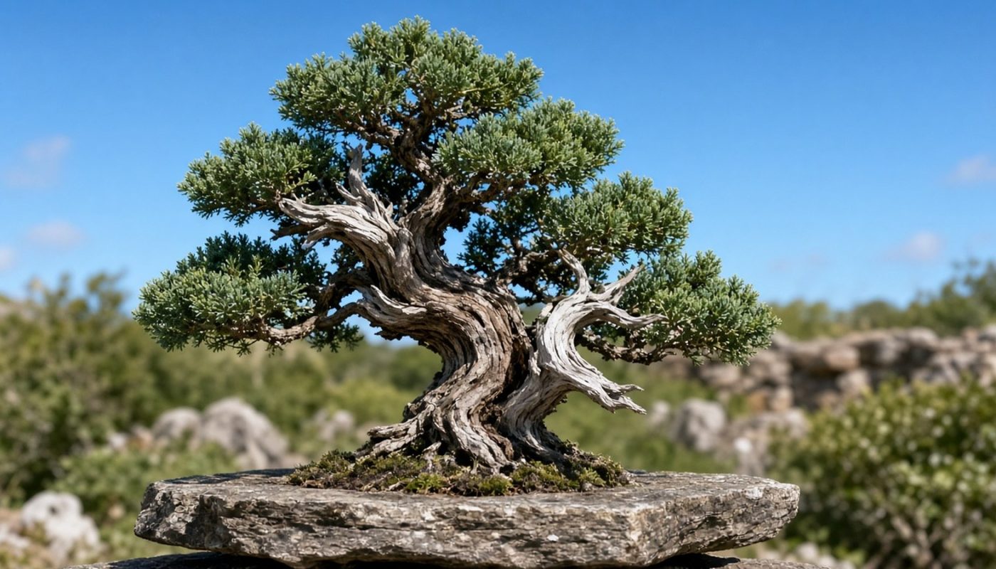 Bonsai de junípero com tronco retorcido e madeira morta exposta, em local externo sob sol pleno