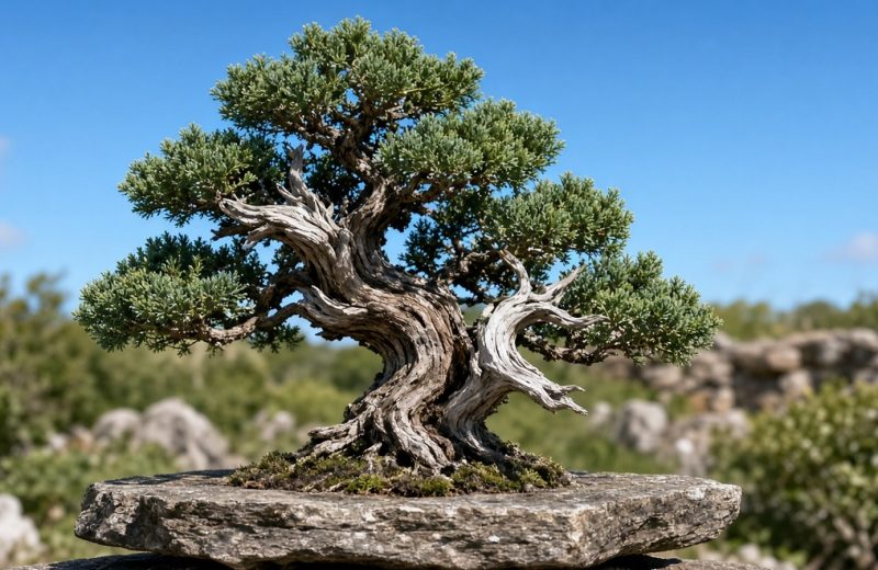 Bonsai de junípero com tronco retorcido e madeira morta exposta, em local externo sob sol pleno