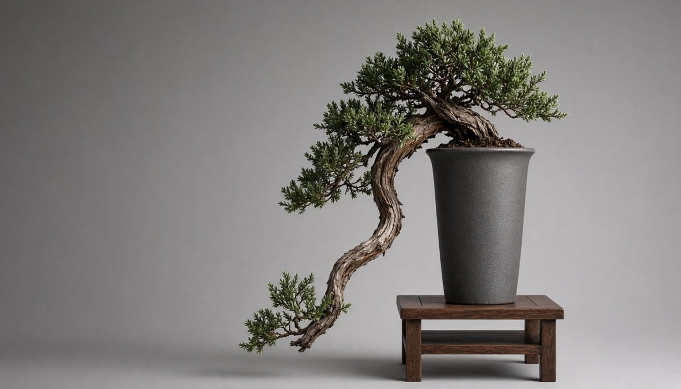 Bonsai de junípero em estilo cascata com o tronco descendo abaixo da borda de um vaso alto