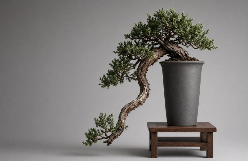 Bonsai de junípero em estilo cascata com o tronco descendo abaixo da borda de um vaso alto
