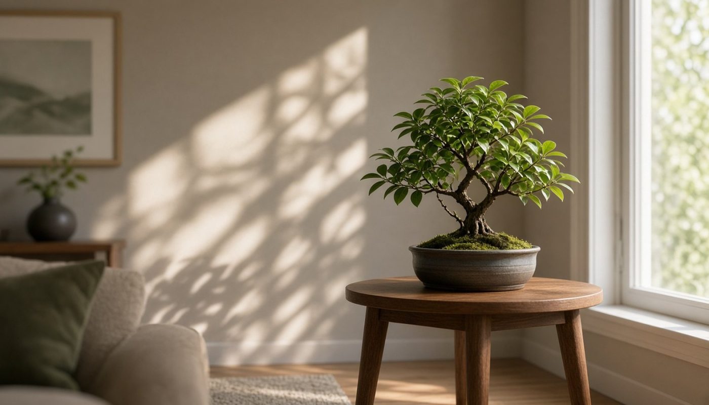 Bonsai de ficus sobre mesa lateral ao lado de janela ampla em sala iluminada