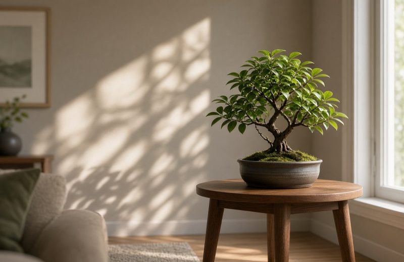 Bonsai de ficus sobre mesa lateral ao lado de janela ampla em sala iluminada