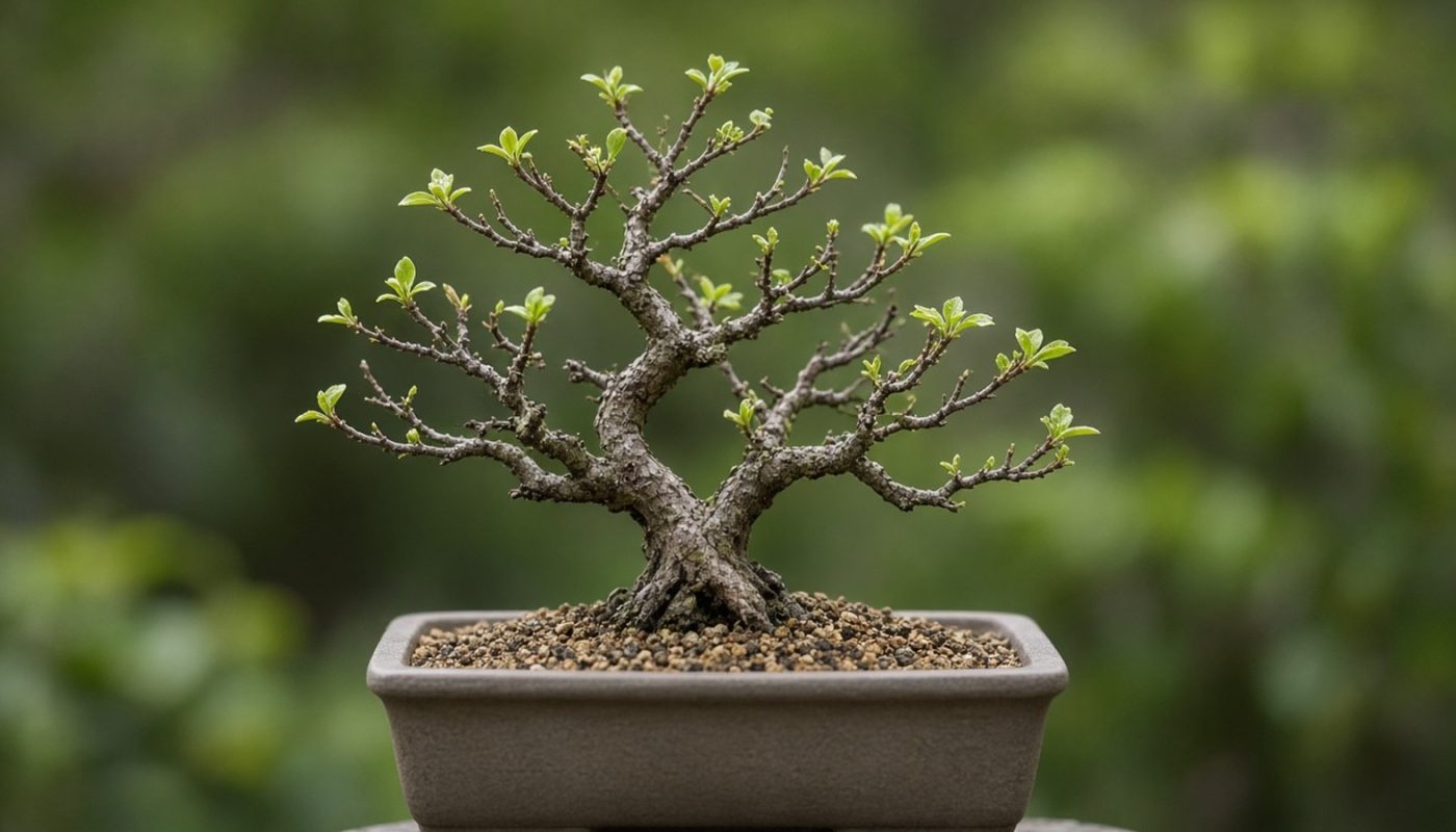 Bonsai com poucos galhos foliados e gemas verdes novas brotando, em vaso de treino com substrato fresco
