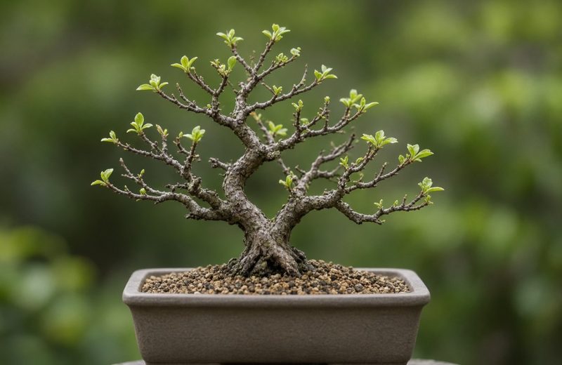 Bonsai com poucos galhos foliados e gemas verdes novas brotando, em vaso de treino com substrato fresco