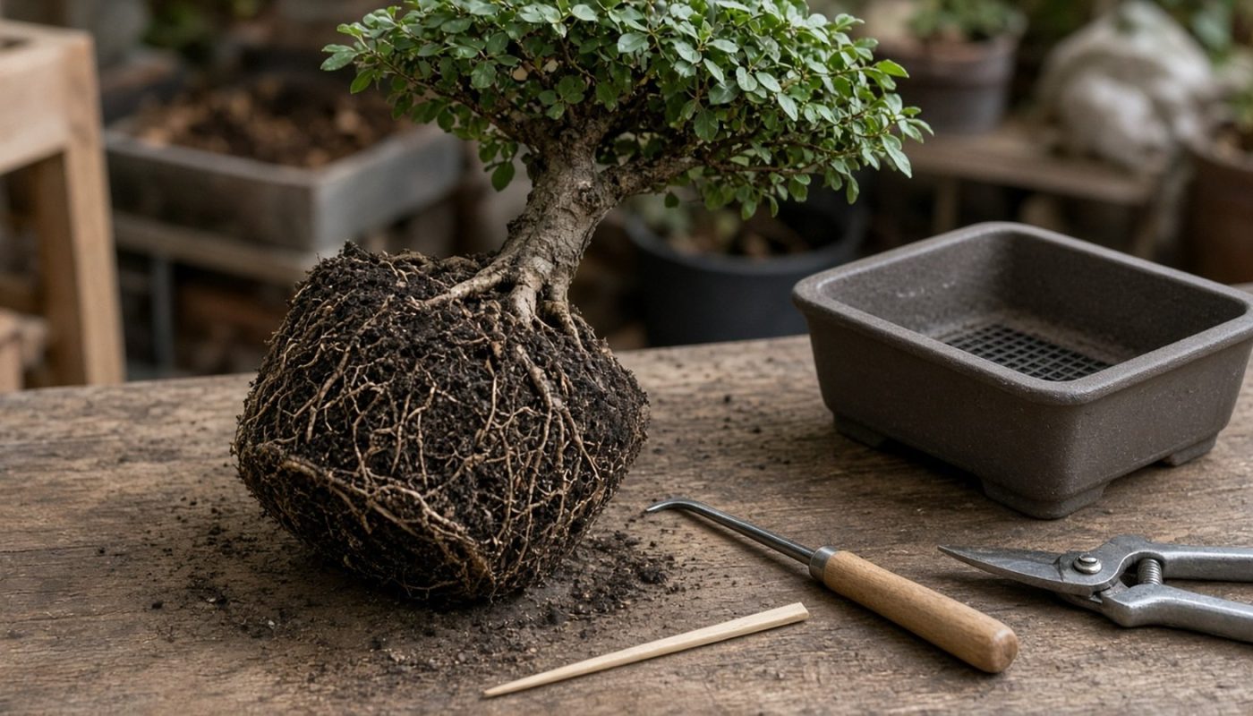 Bonsai retirado do vaso com o torrão de raízes exposto ao lado de gancho, palito e tesoura na bancada