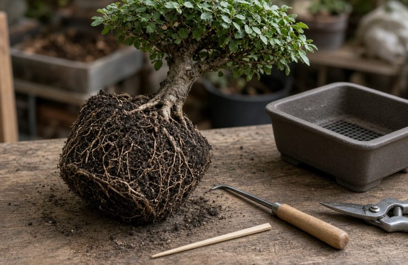 Bonsai retirado do vaso com o torrão de raízes exposto ao lado de gancho, palito e tesoura na bancada