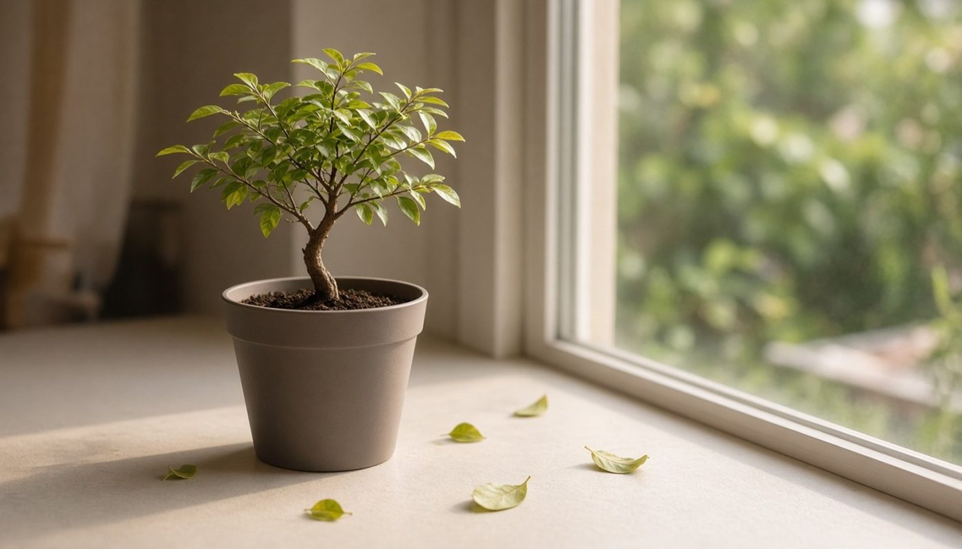 Bonsai recém-adquirido ainda no vaso plástico de viveiro sobre o peitoril de uma janela clara