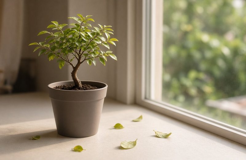 Bonsai recém-adquirido ainda no vaso plástico de viveiro sobre o peitoril de uma janela clara