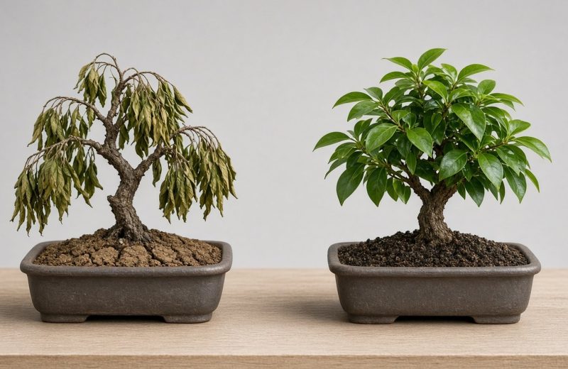 Dois bonsais iguais lado a lado, um com folhas murchas e substrato seco e outro com folhagem firme e substrato úmido