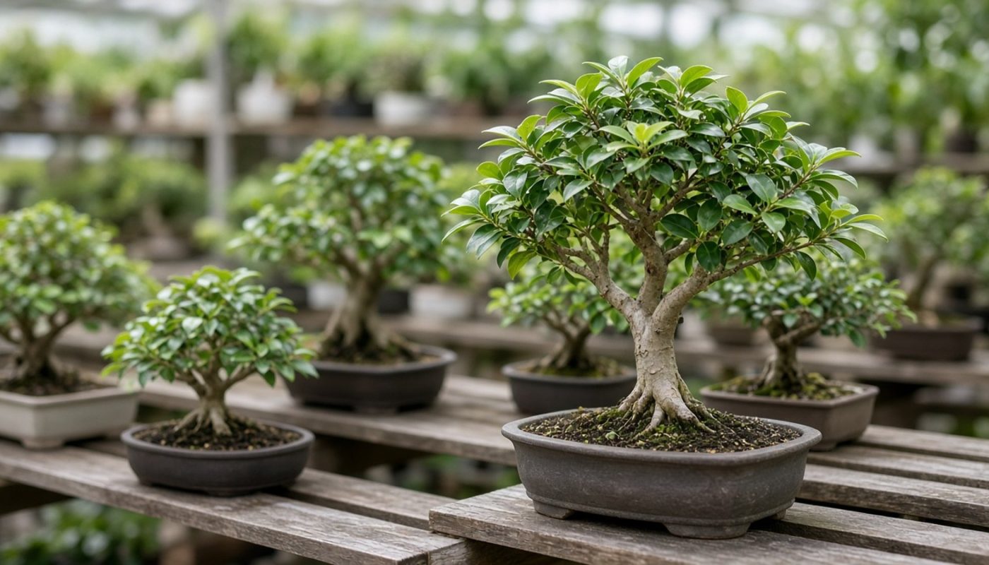 Vários bonsais à venda em prateleira de viveiro, com um exemplar de ficus em destaque à frente