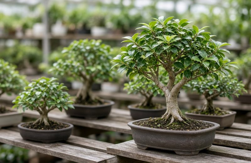 Vários bonsais à venda em prateleira de viveiro, com um exemplar de ficus em destaque à frente