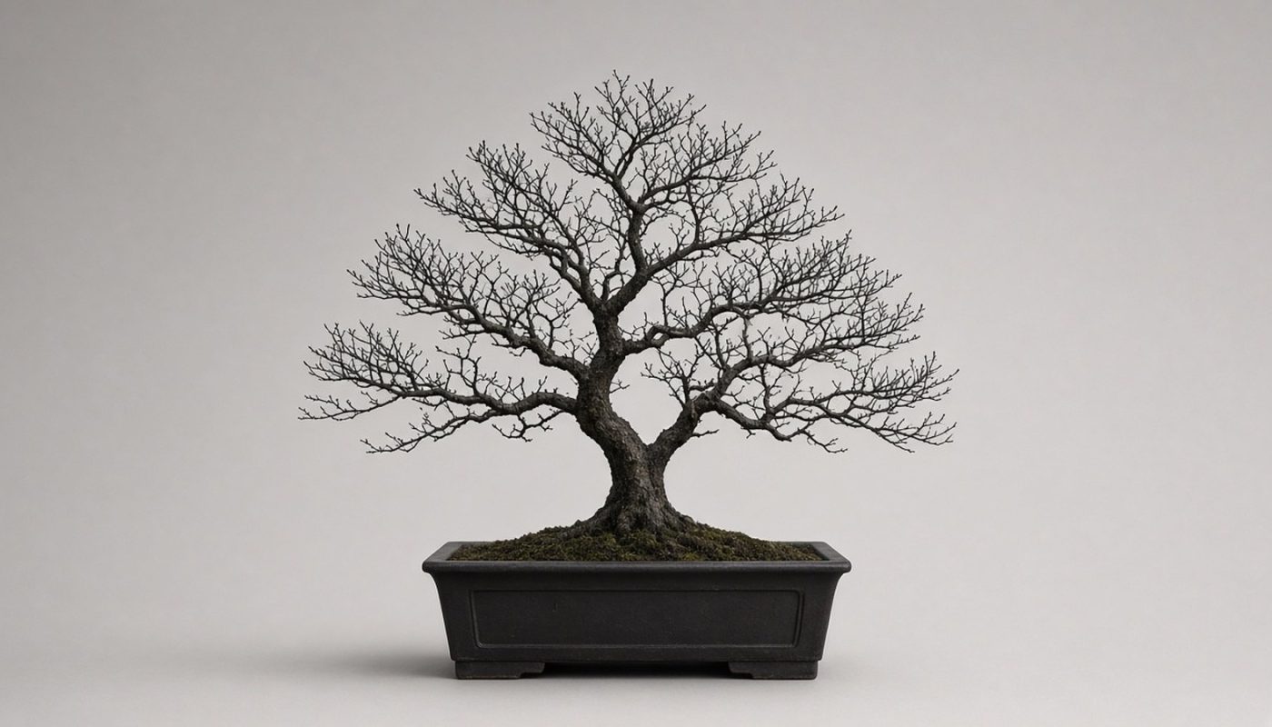 Bonsai caducifólio sem folhas mostrando a ramificação completa contra fundo claro