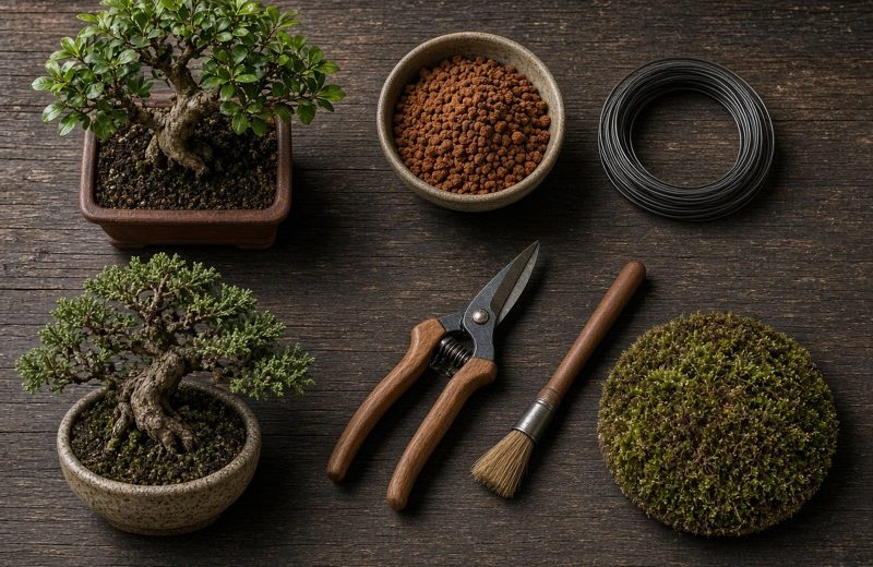 Bancada com bonsai, tesoura e substrato