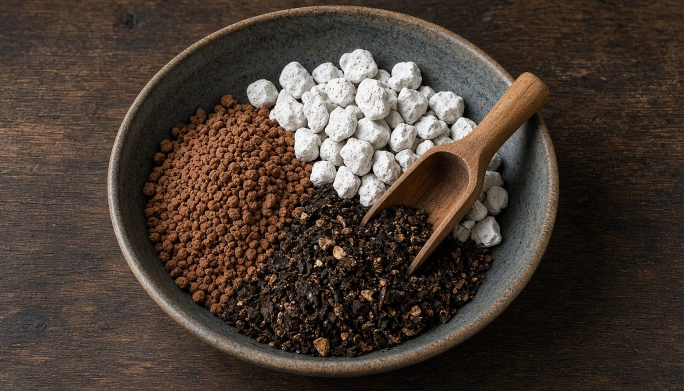 Tigela com argila granulada, pedra pomes e casca compostada sendo misturadas com uma colher de madeira