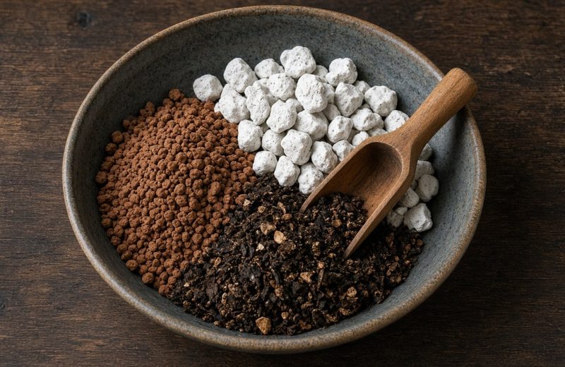 Tigela com argila granulada, pedra pomes e casca compostada sendo misturadas com uma colher de madeira