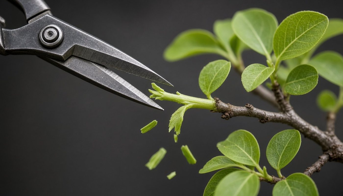 Tesoura fina de bonsai cortando um broto verde novo, com fragmentos de folha caindo