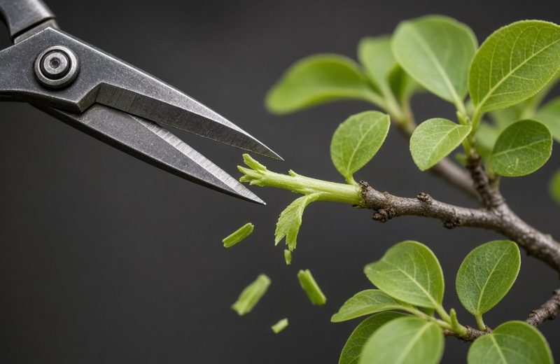Tesoura fina de bonsai cortando um broto verde novo, com fragmentos de folha caindo