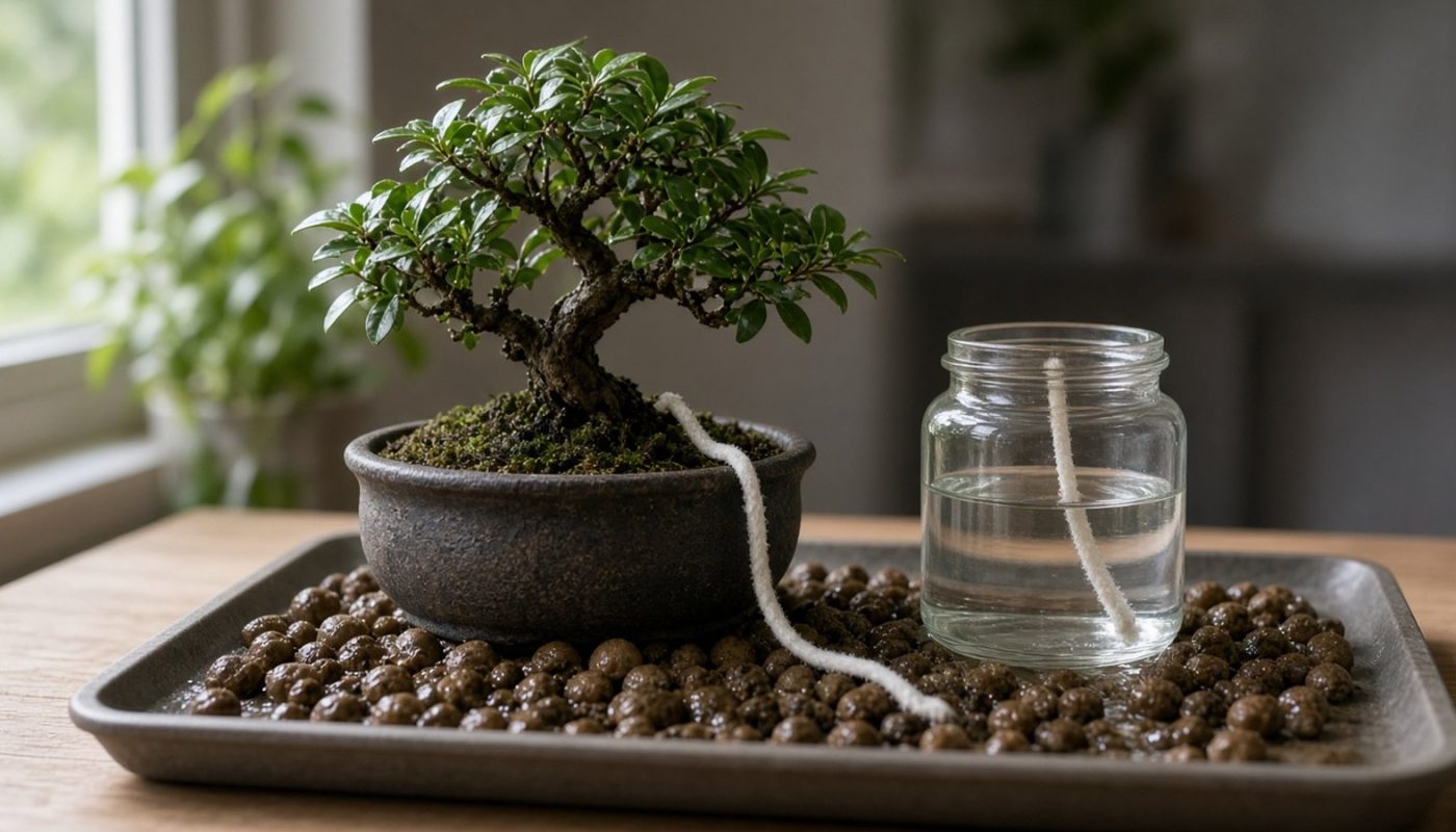 Bonsai sobre bandeja com argila expandida úmida e pavio de algodão ligado a um pote de água