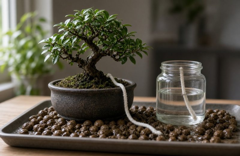 Bonsai sobre bandeja com argila expandida úmida e pavio de algodão ligado a um pote de água