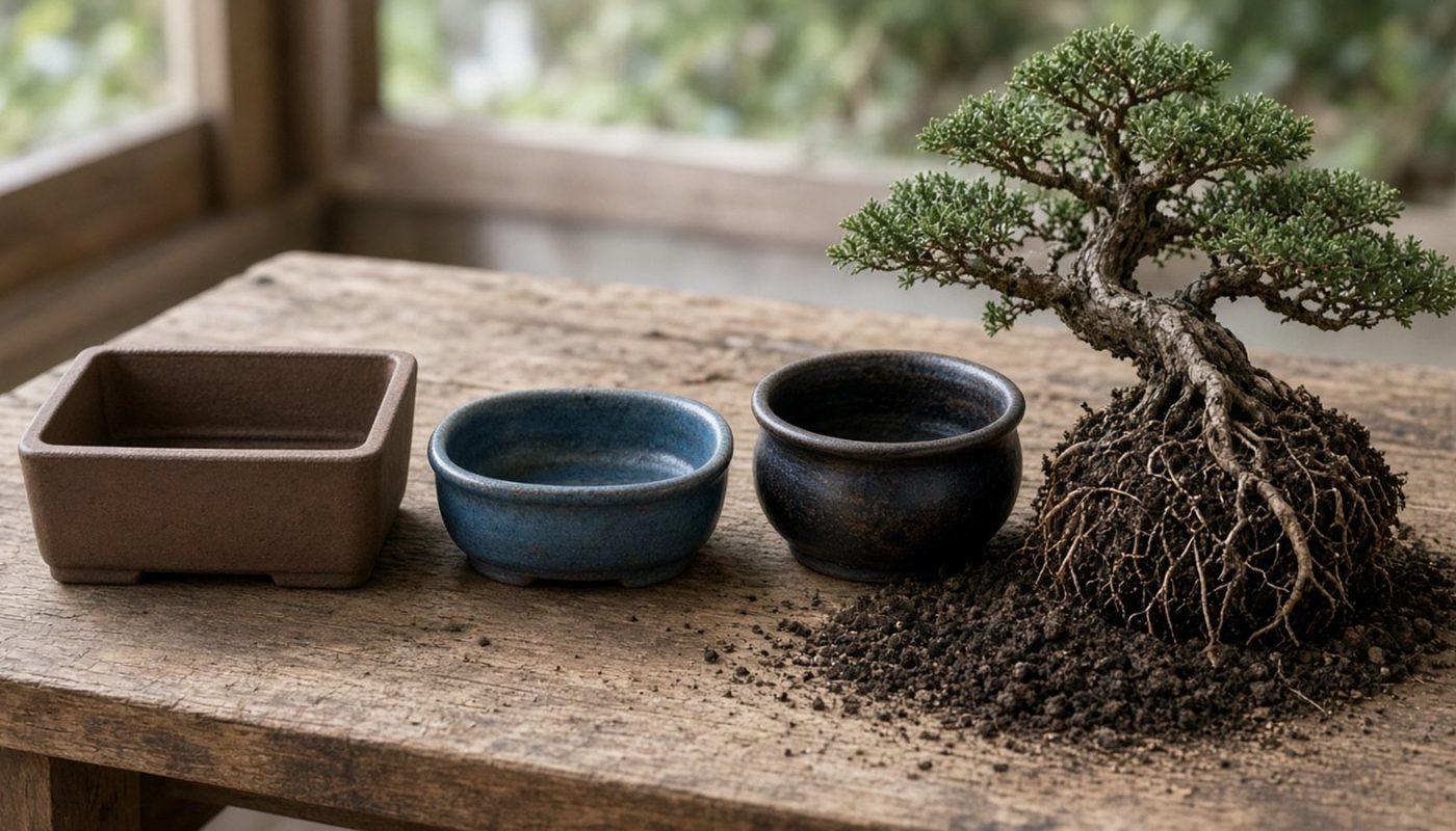 Vaso retangular, vaso oval esmaltado e vaso fundo ao lado de um bonsai aguardando transplante