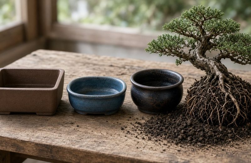 Vaso retangular, vaso oval esmaltado e vaso fundo ao lado de um bonsai aguardando transplante